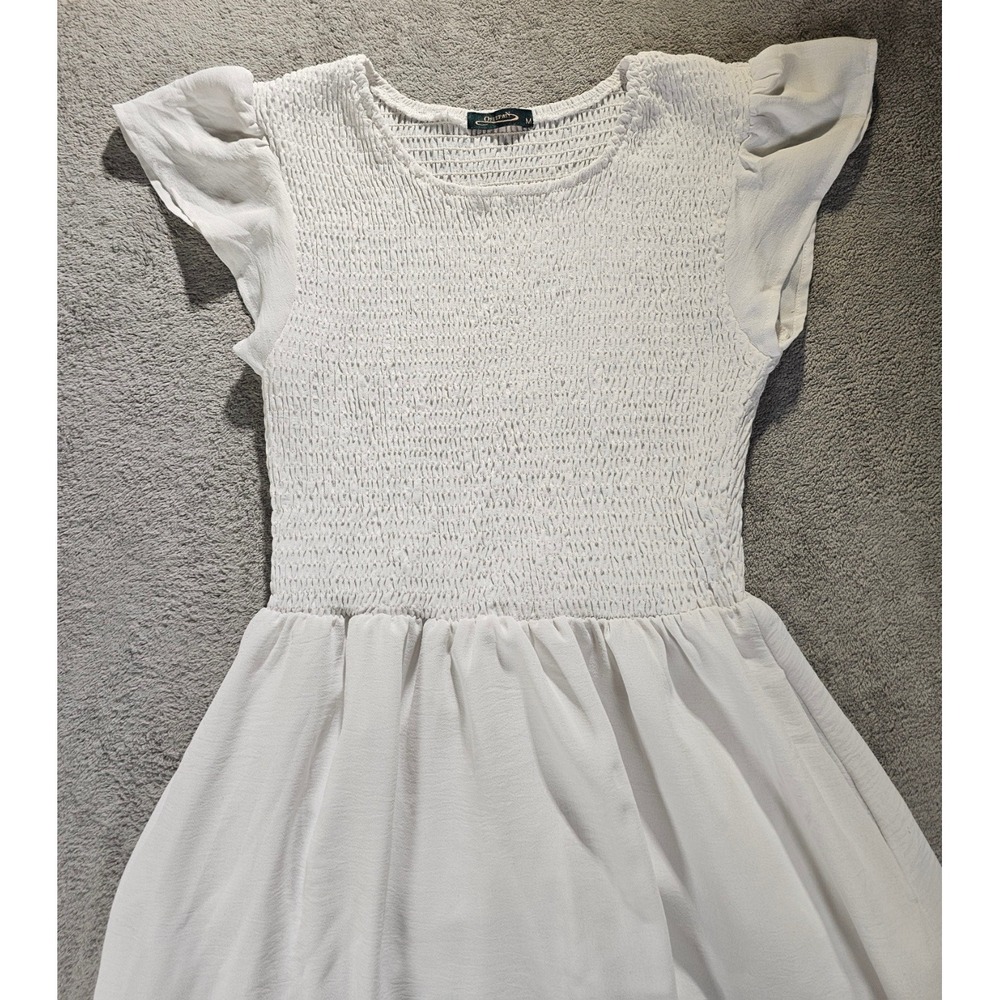 Ofeefan White Smocked Maxi Dress Flutter Sleeve Tiered Summer Boho Medium
